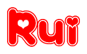 The image is a red and white graphic with the word Rui written in a decorative script. Each letter in  is contained within its own outlined bubble-like shape. Inside each letter, there is a white heart symbol.