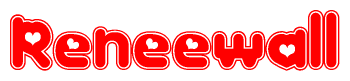 The image is a red and white graphic with the word Reneewall written in a decorative script. Each letter in  is contained within its own outlined bubble-like shape. Inside each letter, there is a white heart symbol.