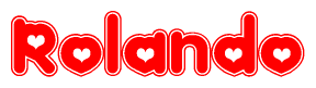 The image is a red and white graphic with the word Rolando written in a decorative script. Each letter in  is contained within its own outlined bubble-like shape. Inside each letter, there is a white heart symbol.