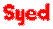 The image is a red and white graphic with the word Syed written in a decorative script. Each letter in  is contained within its own outlined bubble-like shape. Inside each letter, there is a white heart symbol.
