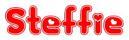   The image is a red and white graphic with the word Steffie written in a decorative script. Each letter in  is contained within its own outlined bubble-like shape. Inside each letter, there is a white heart symbol. 