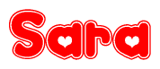 The image is a red and white graphic with the word Sara written in a decorative script. Each letter in  is contained within its own outlined bubble-like shape. Inside each letter, there is a white heart symbol.