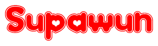The image is a red and white graphic with the word Supawun written in a decorative script. Each letter in  is contained within its own outlined bubble-like shape. Inside each letter, there is a white heart symbol.