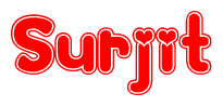 The image is a red and white graphic with the word Surjit written in a decorative script. Each letter in  is contained within its own outlined bubble-like shape. Inside each letter, there is a white heart symbol.