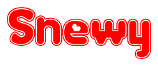 The image is a red and white graphic with the word Snewy written in a decorative script. Each letter in  is contained within its own outlined bubble-like shape. Inside each letter, there is a white heart symbol.