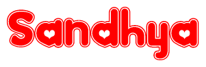 The image is a red and white graphic with the word Sandhya written in a decorative script. Each letter in  is contained within its own outlined bubble-like shape. Inside each letter, there is a white heart symbol.