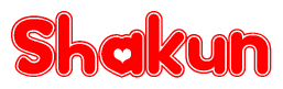 The image is a red and white graphic with the word Shakun written in a decorative script. Each letter in  is contained within its own outlined bubble-like shape. Inside each letter, there is a white heart symbol.