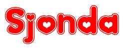 The image is a red and white graphic with the word Sjonda written in a decorative script. Each letter in  is contained within its own outlined bubble-like shape. Inside each letter, there is a white heart symbol.
