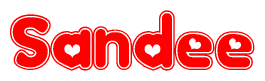The image is a red and white graphic with the word Sandee written in a decorative script. Each letter in  is contained within its own outlined bubble-like shape. Inside each letter, there is a white heart symbol.
