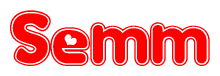 The image is a red and white graphic with the word Semm written in a decorative script. Each letter in  is contained within its own outlined bubble-like shape. Inside each letter, there is a white heart symbol.