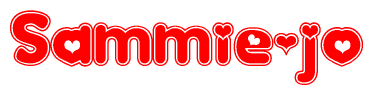 The image is a red and white graphic with the word Sammie-jo written in a decorative script. Each letter in  is contained within its own outlined bubble-like shape. Inside each letter, there is a white heart symbol.
