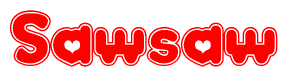 The image is a red and white graphic with the word Sawsaw written in a decorative script. Each letter in  is contained within its own outlined bubble-like shape. Inside each letter, there is a white heart symbol.