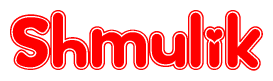 The image is a red and white graphic with the word Shmulik written in a decorative script. Each letter in  is contained within its own outlined bubble-like shape. Inside each letter, there is a white heart symbol.