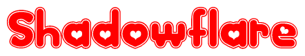 The image is a clipart featuring the word Shadowflare written in a stylized font with a heart shape replacing inserted into the center of each letter. The color scheme of the text and hearts is red with a light outline.
