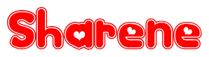 The image is a red and white graphic with the word Sharene written in a decorative script. Each letter in  is contained within its own outlined bubble-like shape. Inside each letter, there is a white heart symbol.