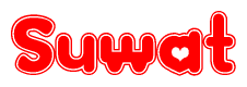 The image is a red and white graphic with the word Suwat written in a decorative script. Each letter in  is contained within its own outlined bubble-like shape. Inside each letter, there is a white heart symbol.