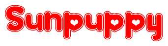 The image displays the word Sunpuppy written in a stylized red font with hearts inside the letters.