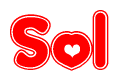 The image is a red and white graphic with the word Sol written in a decorative script. Each letter in  is contained within its own outlined bubble-like shape. Inside each letter, there is a white heart symbol.