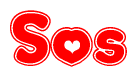 The image is a red and white graphic with the word Sos written in a decorative script. Each letter in  is contained within its own outlined bubble-like shape. Inside each letter, there is a white heart symbol.