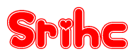 The image is a red and white graphic with the word Srihc written in a decorative script. Each letter in  is contained within its own outlined bubble-like shape. Inside each letter, there is a white heart symbol.