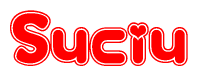 The image is a red and white graphic with the word Suciu written in a decorative script. Each letter in  is contained within its own outlined bubble-like shape. Inside each letter, there is a white heart symbol.