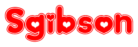 The image is a clipart featuring the word Sgibson written in a stylized font with a heart shape replacing inserted into the center of each letter. The color scheme of the text and hearts is red with a light outline.