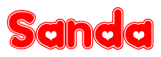 The image is a red and white graphic with the word Sanda written in a decorative script. Each letter in  is contained within its own outlined bubble-like shape. Inside each letter, there is a white heart symbol.