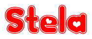 The image is a red and white graphic with the word Stela written in a decorative script. Each letter in  is contained within its own outlined bubble-like shape. Inside each letter, there is a white heart symbol.