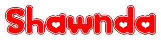 The image is a red and white graphic with the word Shawnda written in a decorative script. Each letter in  is contained within its own outlined bubble-like shape. Inside each letter, there is a white heart symbol.