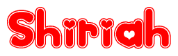 The image is a red and white graphic with the word Shiriah written in a decorative script. Each letter in  is contained within its own outlined bubble-like shape. Inside each letter, there is a white heart symbol.