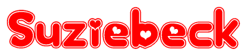 The image is a clipart featuring the word Suziebeck written in a stylized font with a heart shape replacing inserted into the center of each letter. The color scheme of the text and hearts is red with a light outline.
