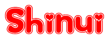 The image is a red and white graphic with the word Shinui written in a decorative script. Each letter in  is contained within its own outlined bubble-like shape. Inside each letter, there is a white heart symbol.
