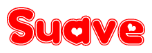 The image is a red and white graphic with the word Suave written in a decorative script. Each letter in  is contained within its own outlined bubble-like shape. Inside each letter, there is a white heart symbol.
