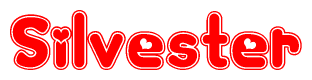 The image is a red and white graphic with the word Silvester written in a decorative script. Each letter in  is contained within its own outlined bubble-like shape. Inside each letter, there is a white heart symbol.