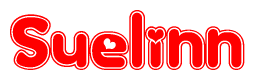 The image is a red and white graphic with the word Suelinn written in a decorative script. Each letter in  is contained within its own outlined bubble-like shape. Inside each letter, there is a white heart symbol.