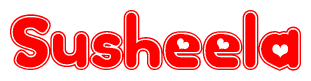 The image is a red and white graphic with the word Susheela written in a decorative script. Each letter in  is contained within its own outlined bubble-like shape. Inside each letter, there is a white heart symbol.