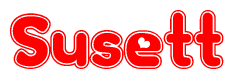 The image is a red and white graphic with the word Susett written in a decorative script. Each letter in  is contained within its own outlined bubble-like shape. Inside each letter, there is a white heart symbol.
