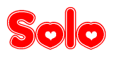 The image is a red and white graphic with the word Solo written in a decorative script. Each letter in  is contained within its own outlined bubble-like shape. Inside each letter, there is a white heart symbol.