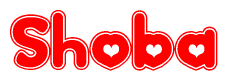 The image is a red and white graphic with the word Shoba written in a decorative script. Each letter in  is contained within its own outlined bubble-like shape. Inside each letter, there is a white heart symbol.