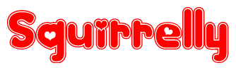 The image displays the word Squirrelly written in a stylized red font with hearts inside the letters.