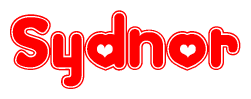 The image is a red and white graphic with the word Sydnor written in a decorative script. Each letter in  is contained within its own outlined bubble-like shape. Inside each letter, there is a white heart symbol.