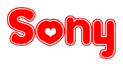 The image is a red and white graphic with the word Sony written in a decorative script. Each letter in  is contained within its own outlined bubble-like shape. Inside each letter, there is a white heart symbol.