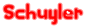 The image is a red and white graphic with the word Schuyler written in a decorative script. Each letter in  is contained within its own outlined bubble-like shape. Inside each letter, there is a white heart symbol.