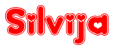 The image is a red and white graphic with the word Silvija written in a decorative script. Each letter in  is contained within its own outlined bubble-like shape. Inside each letter, there is a white heart symbol.