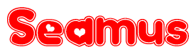   The image is a red and white graphic with the word Seamus written in a decorative script. Each letter in  is contained within its own outlined bubble-like shape. Inside each letter, there is a white heart symbol. 