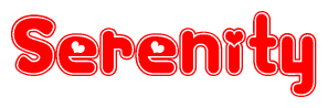 The image is a red and white graphic with the word Serenity written in a decorative script. Each letter in  is contained within its own outlined bubble-like shape. Inside each letter, there is a white heart symbol.