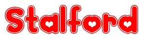 The image is a clipart featuring the word Stalford written in a stylized font with a heart shape replacing inserted into the center of each letter. The color scheme of the text and hearts is red with a light outline.