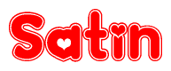 The image is a red and white graphic with the word Satin written in a decorative script. Each letter in  is contained within its own outlined bubble-like shape. Inside each letter, there is a white heart symbol.