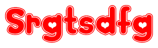 The image is a red and white graphic with the word Srgtsdfg written in a decorative script. Each letter in  is contained within its own outlined bubble-like shape. Inside each letter, there is a white heart symbol.