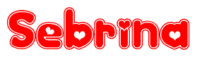   The image is a red and white graphic with the word Sebrina written in a decorative script. Each letter in  is contained within its own outlined bubble-like shape. Inside each letter, there is a white heart symbol. 